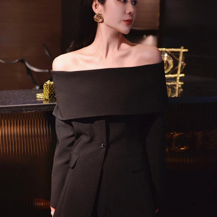 Slash Neck Chic Blazers For Women Off Shoulder Long Sleeve Patchwork Single Button Solid Coat Female Clothes 2022