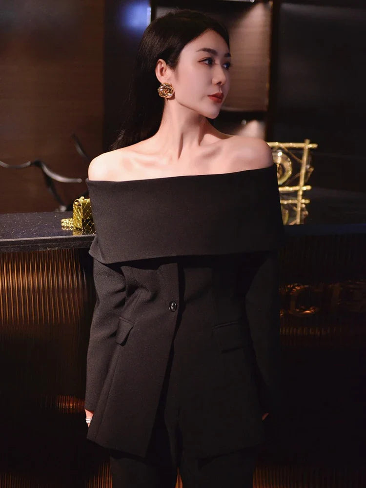 Slash Neck Chic Blazers For Women Off Shoulder Long Sleeve Patchwork Single Button Solid Coat Female Clothes 2022