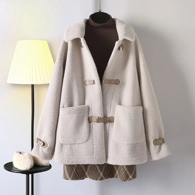 Women's Autumn Winter Lamb Coats Plaid Skirts Bottoming Tops 1 or 3 Piece Set Korean Lady Graceful Outfits Preppy Style Suits