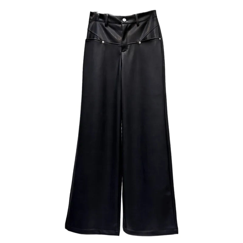 Winter New Fashion Metal Rivet Design PU Leather Pants For Women High Waist Loose Wide-Leg Casual Pant 11A07827