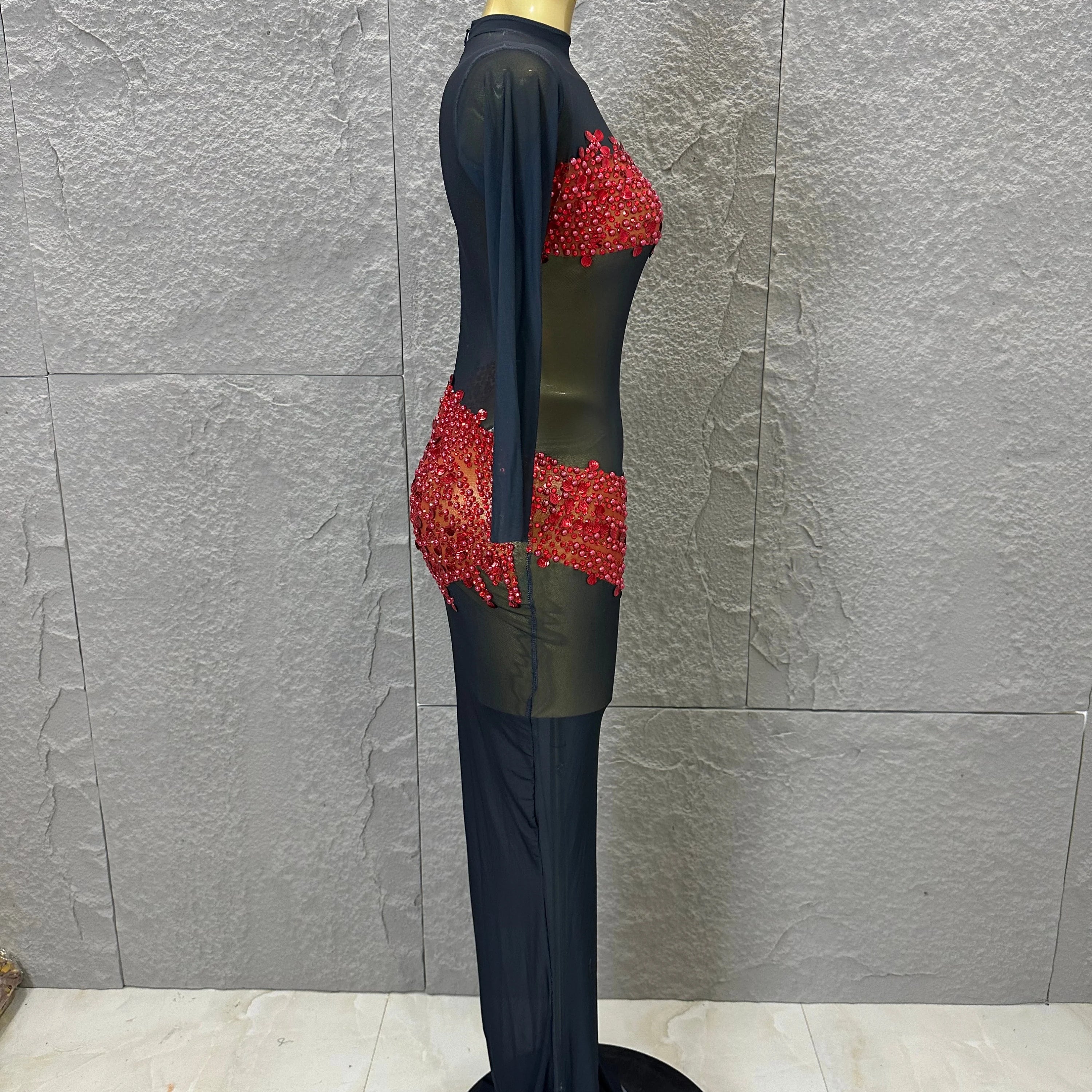 Sexy 2026 Black Sheer Mesh Maxi Dress Women Long Sleeve High Neck Red Rhinestone Embellished Bodycon Stage Costume