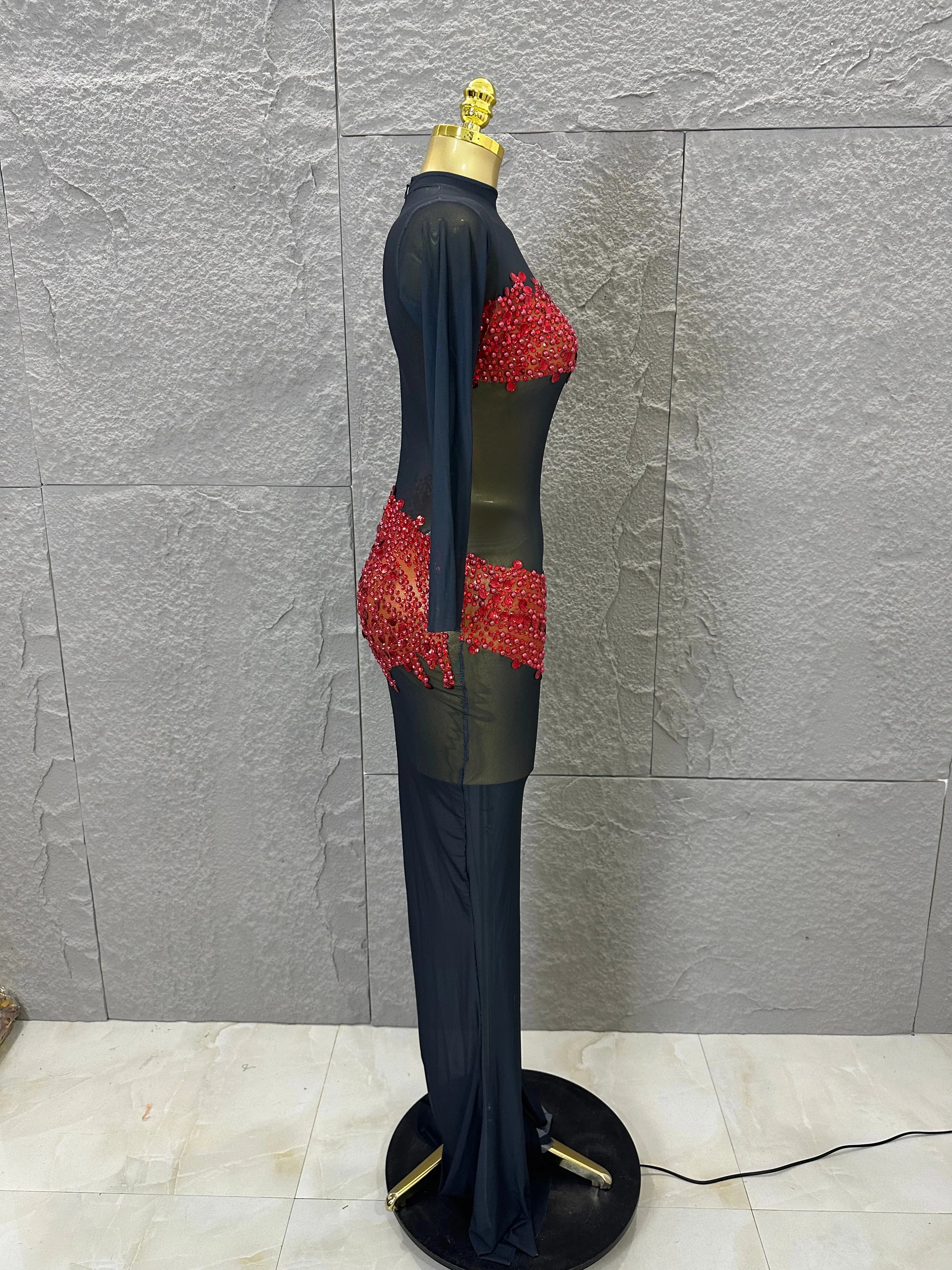 Sexy 2026 Black Sheer Mesh Maxi Dress Women Long Sleeve High Neck Red Rhinestone Embellished Bodycon Stage Costume