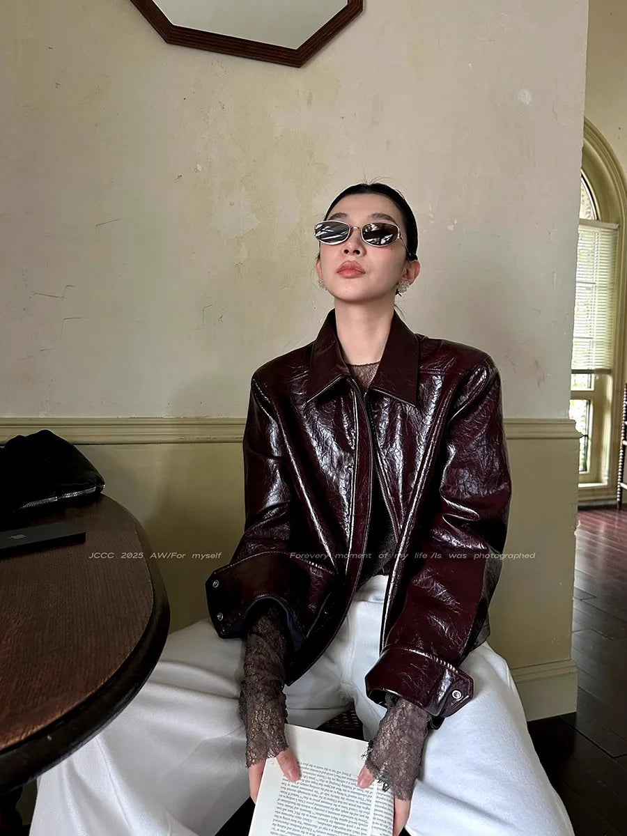 Lautaro Spring Autumn Short Pu Leather Jacket Women Zippper Turn-Down Collar High Quality Luxury Designer American Retro Clothes Red Coffee