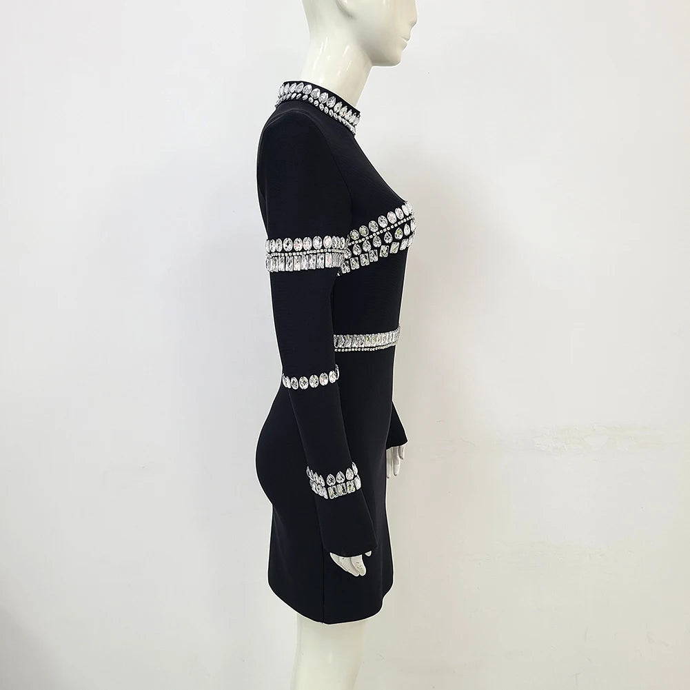 2023 New Winter Black Color Women Long Sleeve Big Crystal Bodycon Mini Dress Bandage Fashion Elegant Evening Party Dress Vestido