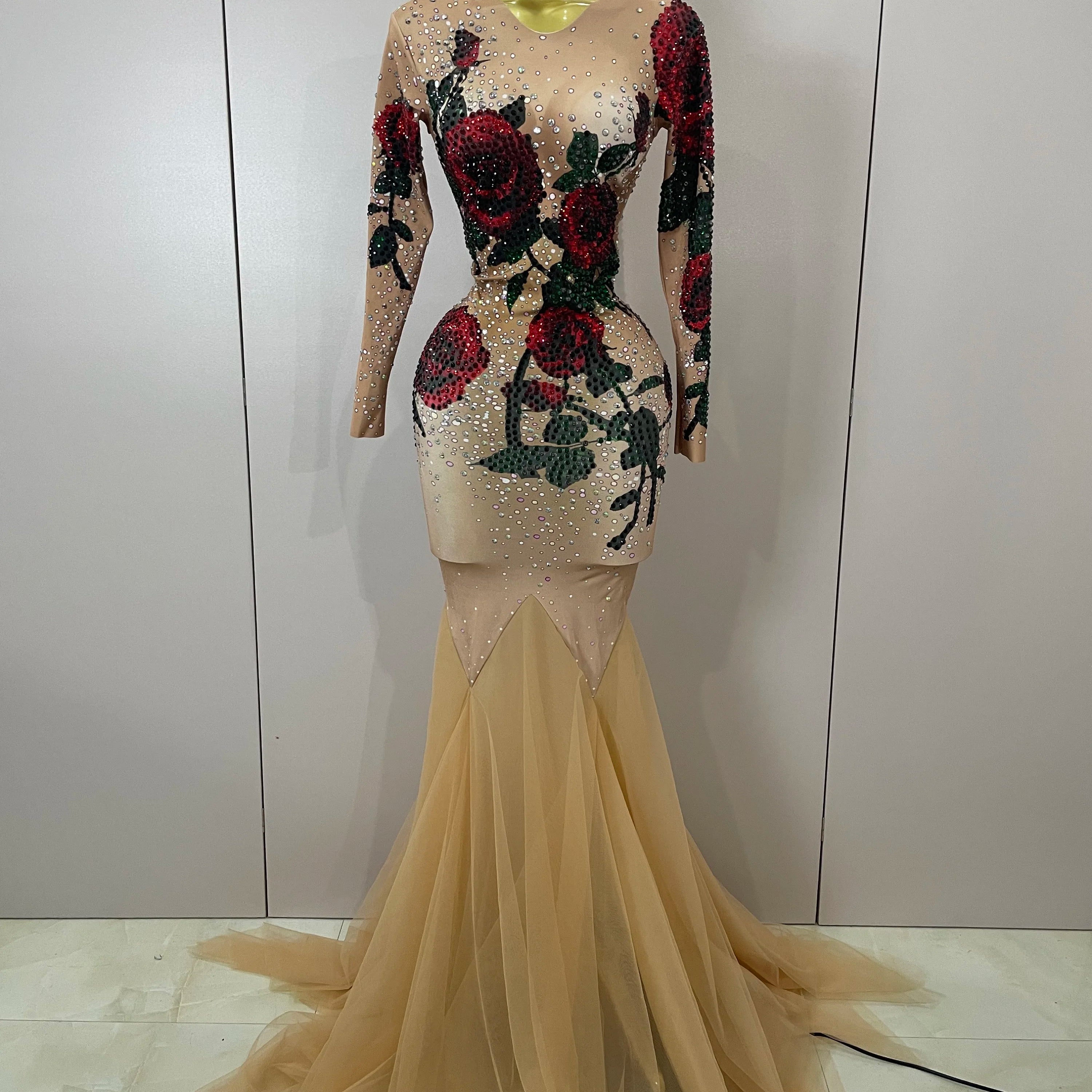 Sexy Shiny Rhinestone Rose Floral Floor-Length Dress Evening Women Eveing Celebrate Birthday Party Nightclub Performance Costume MULTI