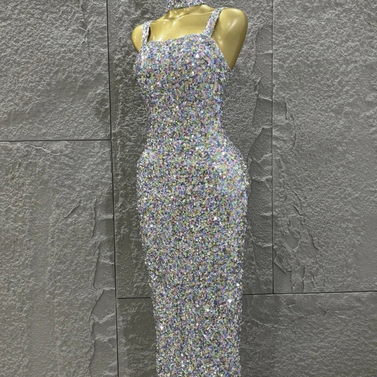 Colorful Sequins Women Sexy Strapless Bodycon Long Dress Necklace Celebrate Evening Party Nightclub Party Bar Singer Outfit