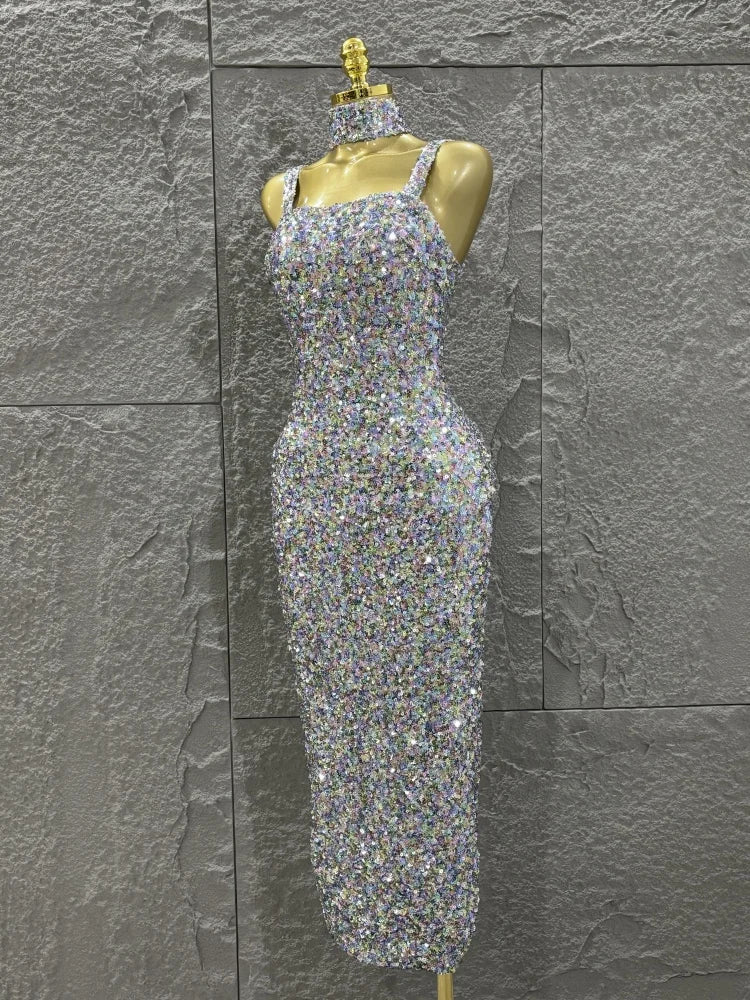 Colorful Sequins Women Sexy Strapless Bodycon Long Dress Necklace Celebrate Evening Party Nightclub Party Bar Singer Outfit