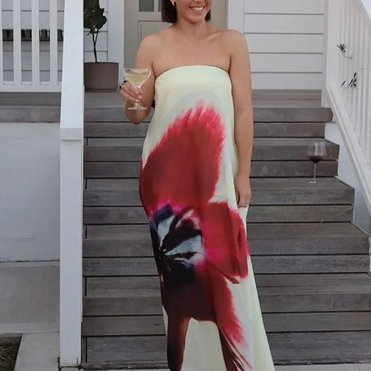 2025 New Floral Printed Strapless Loose Robes Women Sexy Off Shoulder Sleeveless Backless Maxi Dress Fashion Lady Party Vestidos