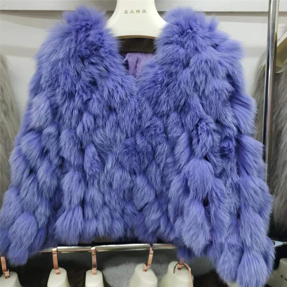 2023 Women Winter Warm High Quality Luxury Fashion Full Sleeves V Neck Short Fur Jacket Real Fox Fur Coat Female Pluffy Outwear
