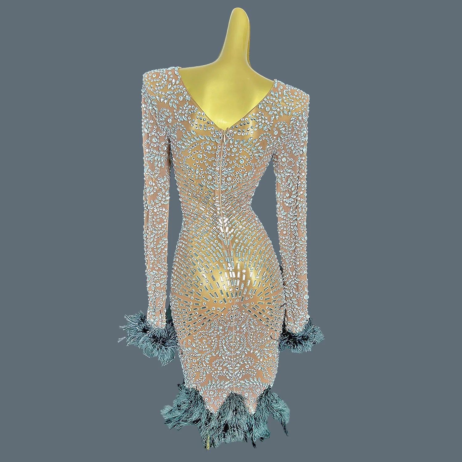 Women's High-end Clothing Dinner Party Sparkly Rhinestone Evening Dress Mesh Feather Dress Bodycon Club Prom Maxi Dress Pangxie