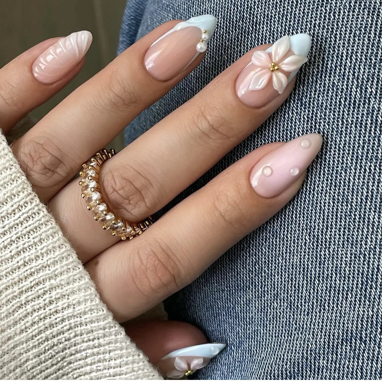 24pcs Charming Almond Fake Nails Smudging Rose Pink Almond False Nail White Ice Flower French Style Press On Nail For Spicy Girl Y3