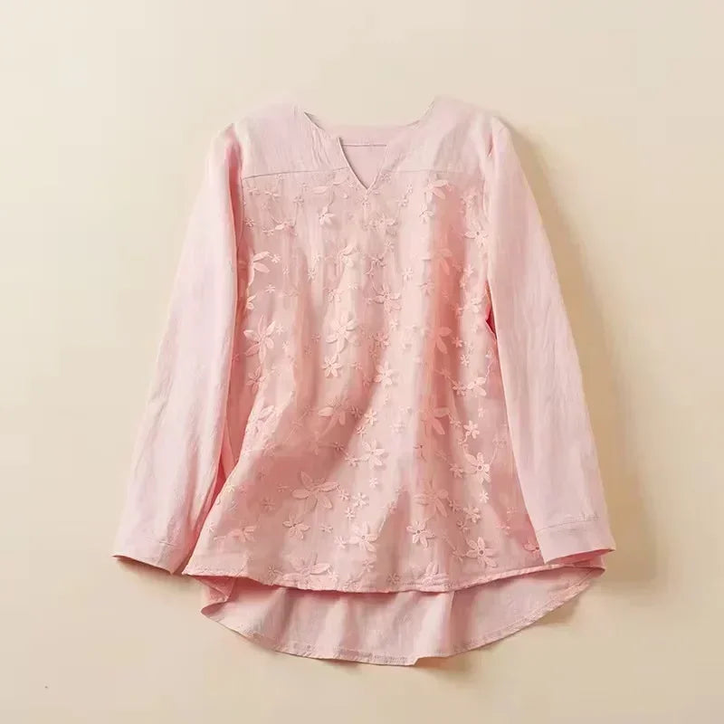 2024 Summer Autumn Hot Blouse Women Lace Long Sleeve Tops V Neck Embroidery Loose Plus Size S-5XL Elegant Shirt Blusas Female Pink