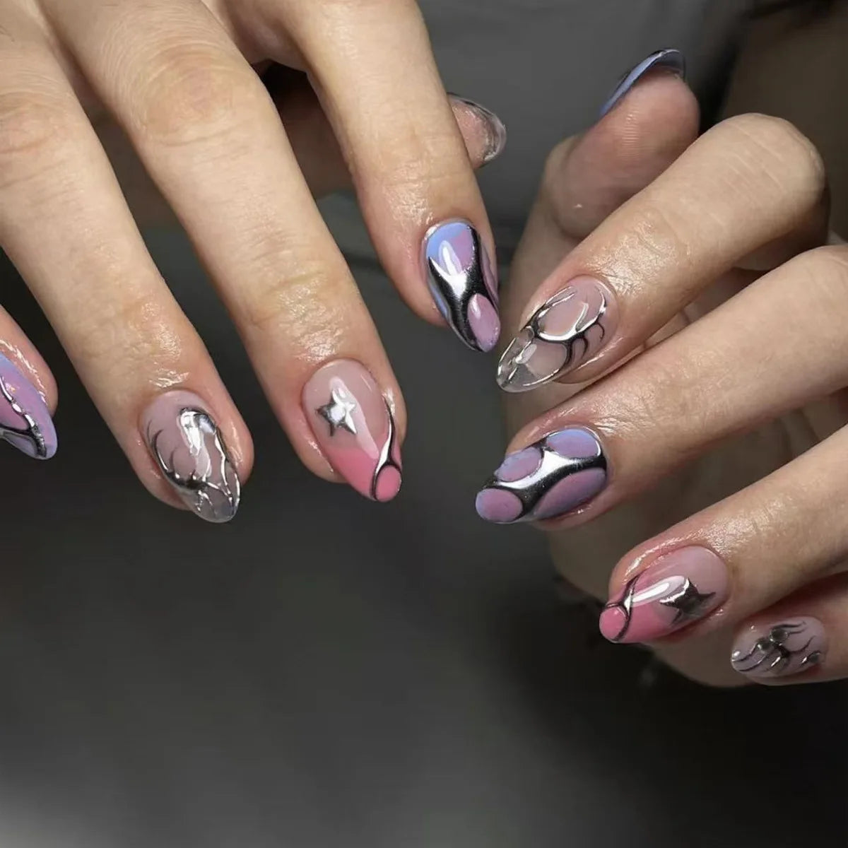 24Pcs 3D Cat-eye Dark Blue Design False Nails with Irregular Lines Spice Girl Detachable Nail Tips Short Oval Nails Set Press On 4