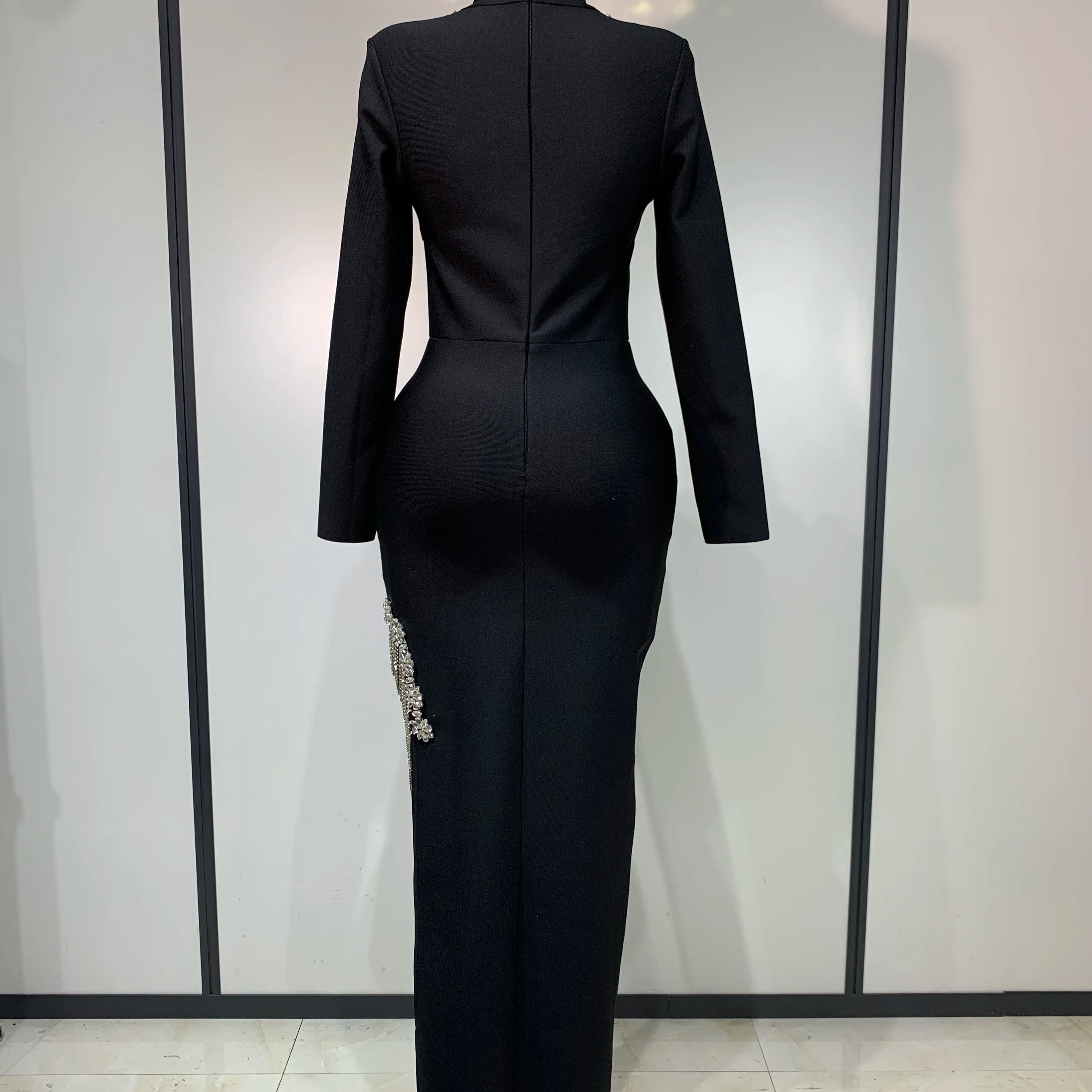 Women Long Sleeve Sexy Shinning Crystal High Split Bodycon Long Bandage Dresses Elegant Evening Party Birthday Cocktail Outfit