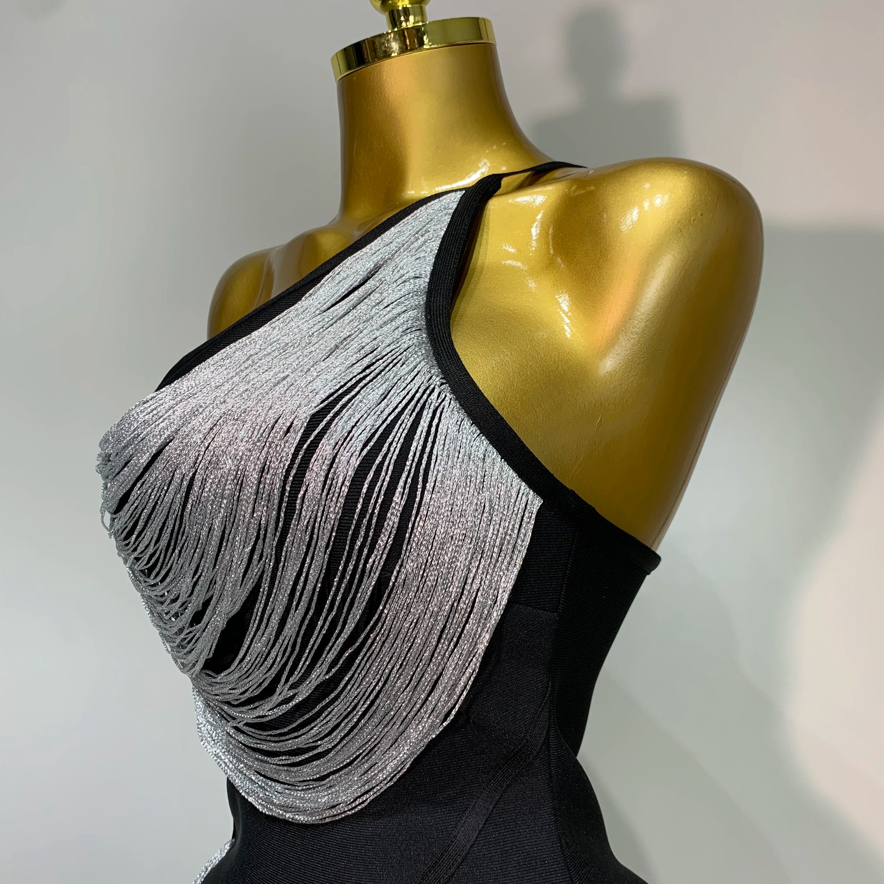 Women Sexy Slanted Collar Silver Tassel Bandage Dress Women Black Sleeveless Bodycon Dresses Evening Party Club Birthday Gowns