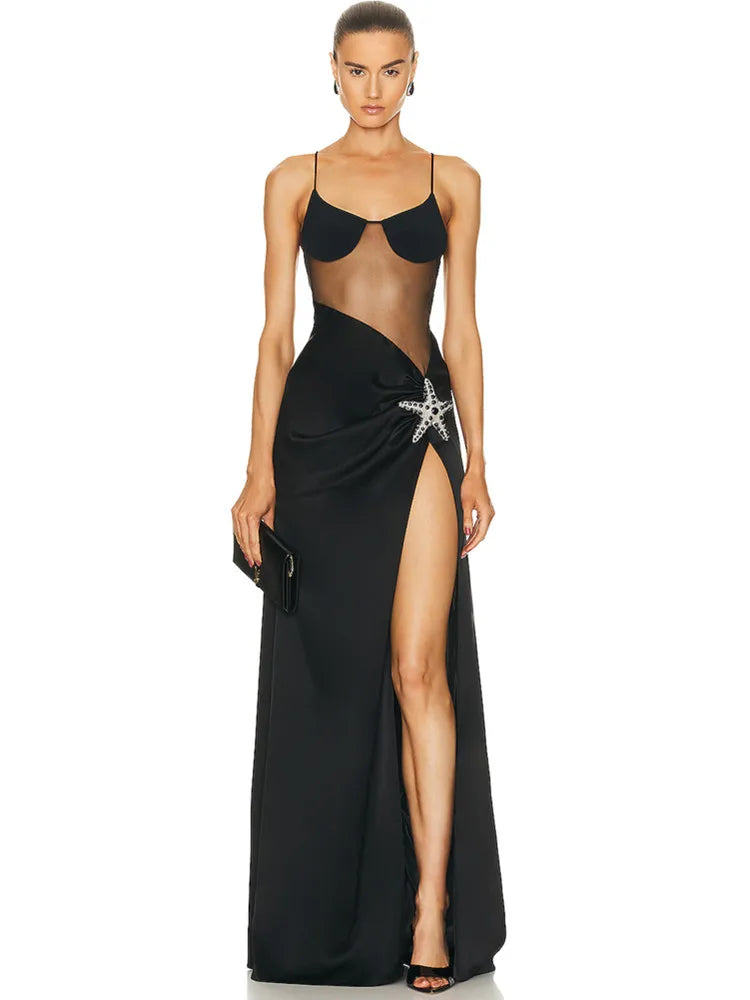 est Summer Fashion Women Sexy V Neck Starfish Black Split Maxi Long Bandage Dress Elegant Evening Club Party Dress black