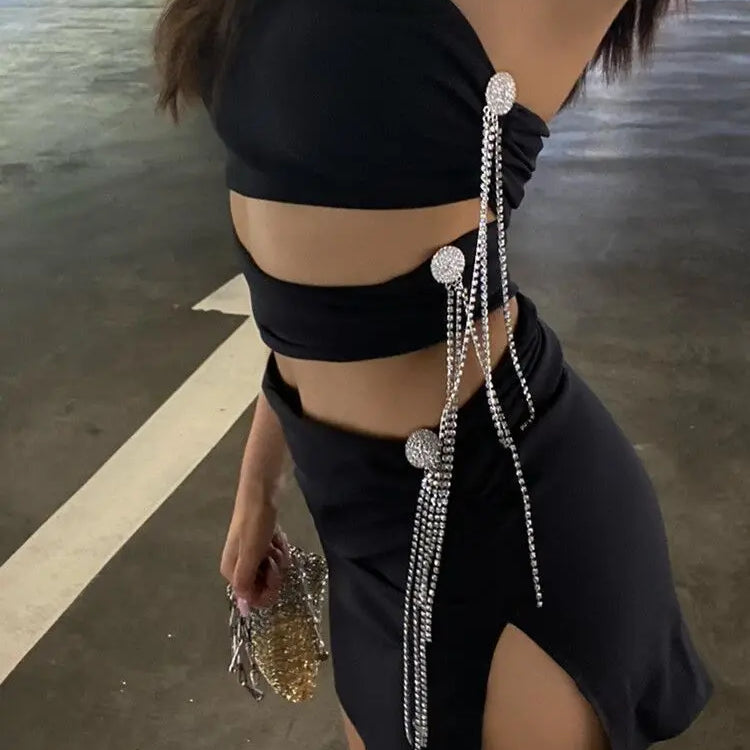 STOCK Hot Sexy Hollow Out Shining Diamonds Long Tassel Strapless Sleeveless Split Mini Dress Hotsweet Lady Summer Party Vestido