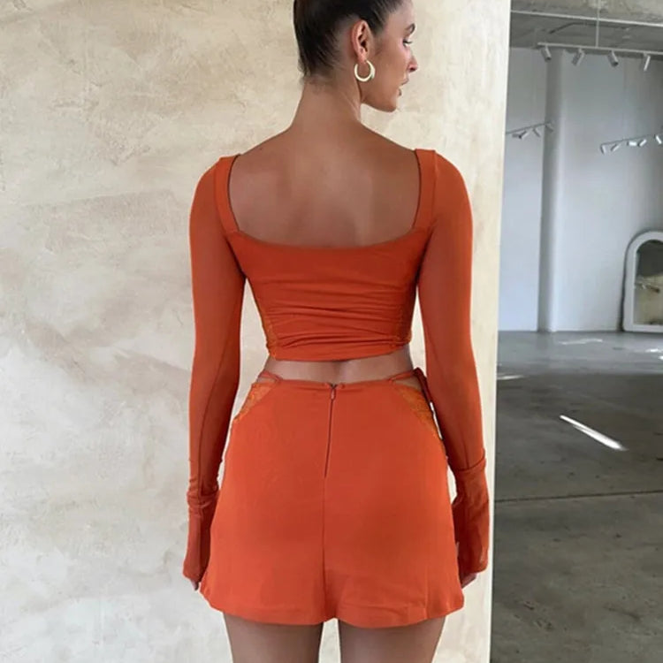 hirigin Women Summer 2 Pieces Outfits Solid Color Sweetheart Neckline Long Sleeve Crop Tops and Side Tie-Up Mini Skirts Set