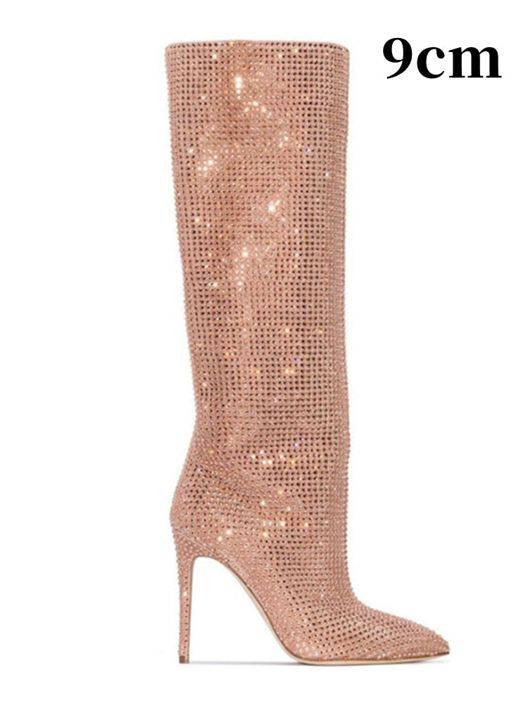 Women's New European and American Fashion Show Starry Sky High-heeled Rhinestone Pointed Nightclub Four Seasons Boots champagne 9cm