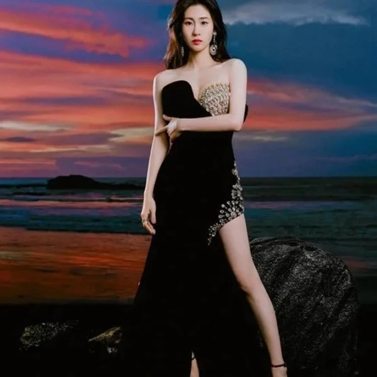 2025 Luxury Shining Diamonds Sexy High Slit Stapless black velvet Long Dress Elegant Woman Birthday Party Dress Goddess Vestido black