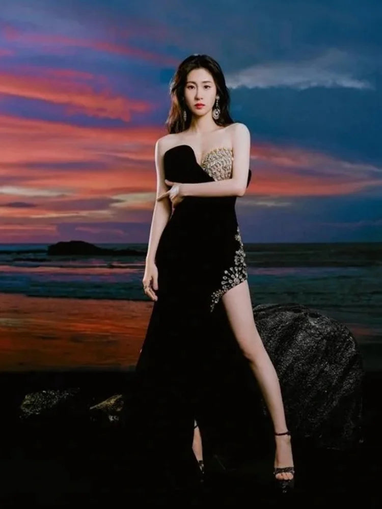 2025 Luxury Shining Diamonds Sexy High Slit Stapless black velvet Long Dress Elegant Woman Birthday Party Dress Goddess Vestido black