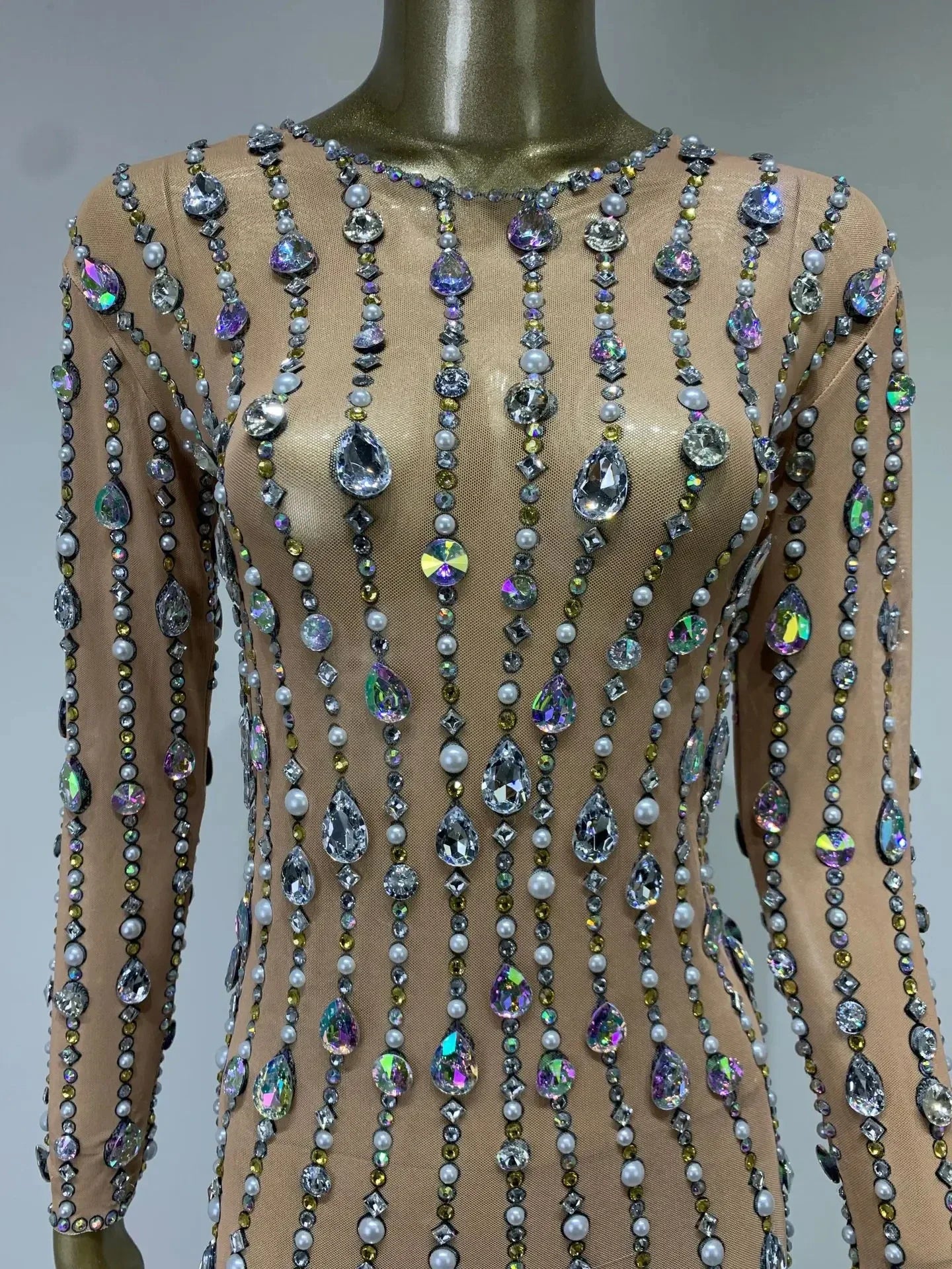 Stock Women Luxury Sexy Mesh Crystal Diamonds Beading Mini Dress Birthday Party Costume Bar Nightclub Stage Performance Clothing