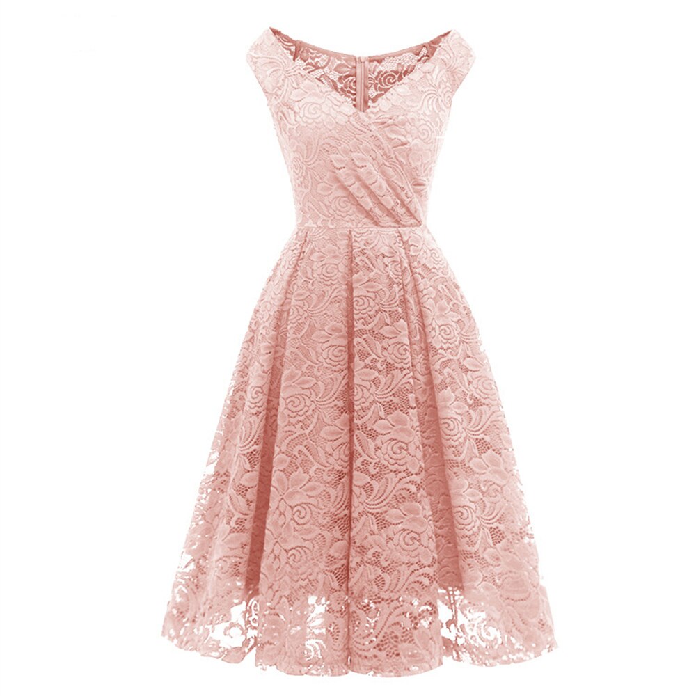 V Neck Sleeveless Floral Lace Pleated Hoco Dress for Teens Champagne Elegant Short Prom Gown Pink