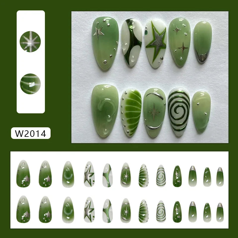 24pcs Summer Green Almond Press on Nails Fashion y2k Star Print False Nails Ins Simple Wearable Reusable Fake Nails for Women 1