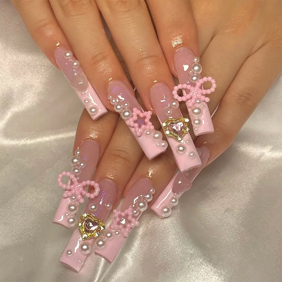 24Pcs Long Square White Pink French Press on Nails 3D Bow Flower Design False Nails Reusable Finished Full Cover Fake Nails Tips XB-51-99