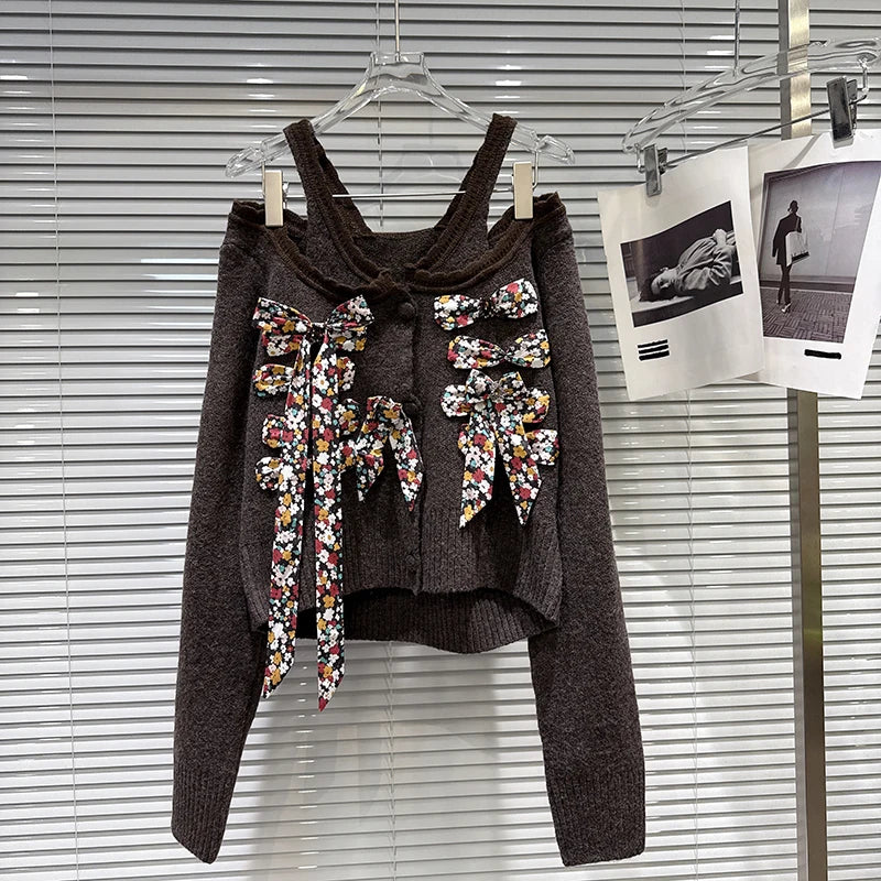 Winter New Fashion Colorful Floral Bow Tie Halter Neck Knitted Sweater For Women Versatile Pullover Female 11A07685 Brown One Size