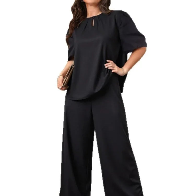 Plus Size Summer 2 Two Piece Set Women Pleated Short Sleeve Modis Casual Ladies Blouses Loose Wide Leg Elastic Waist Woman Pant