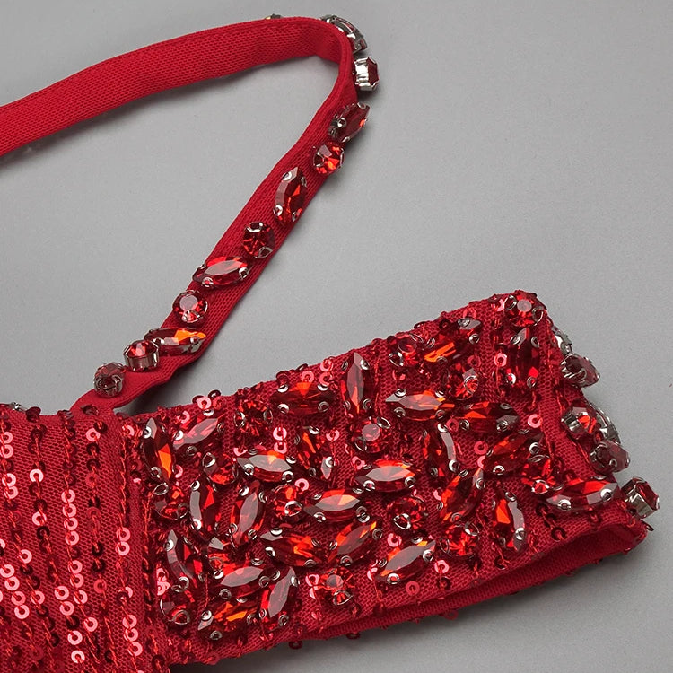 Red Diamonds Mermaid Dress Beaded Diagonal One-shoulder High Split Crystals Details Maxi Banquet Evening Party Gown