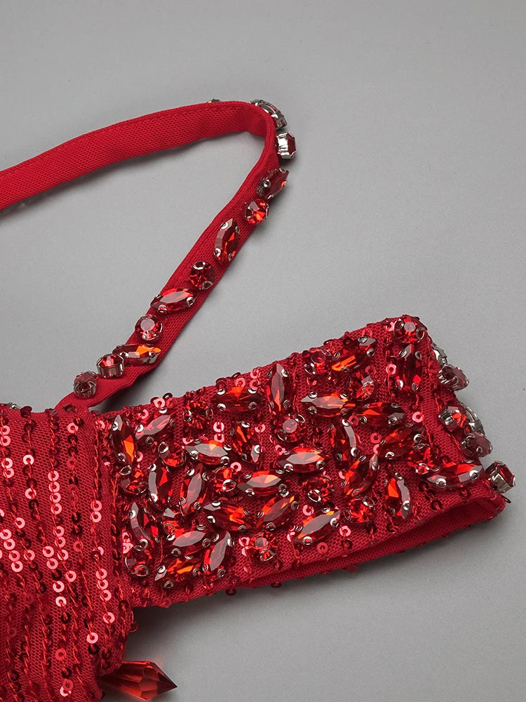 Red Diamonds Mermaid Dress Beaded Diagonal One-shoulder High Split Crystals Details Maxi Banquet Evening Party Gown