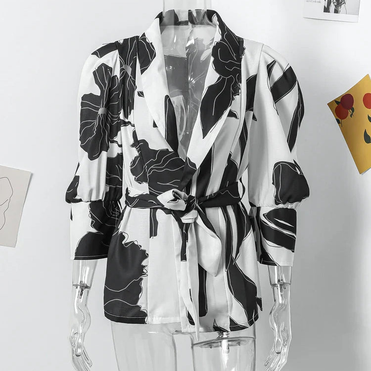 Fashion Flower Print Belt Women Shirts Spring Summer Elegant Slim Lapel Puff Sleeve Blouses Vintage Lady Office Streetwear