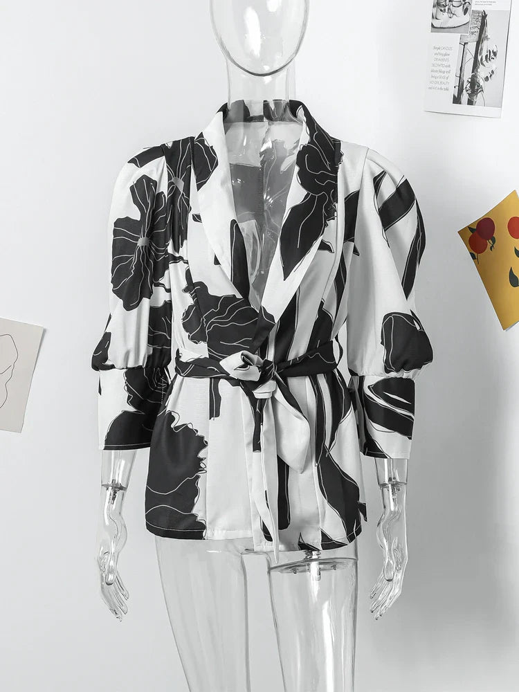 Fashion Flower Print Belt Women Shirts Spring Summer Elegant Slim Lapel Puff Sleeve Blouses Vintage Lady Office Streetwear