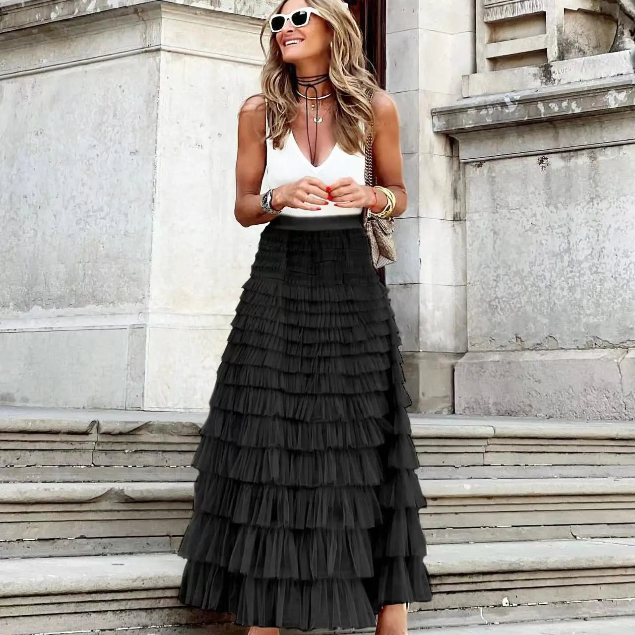 New Casual Womens Solid Ball Gown Long Skirt Tulle High Waist Pleated Elegant Ladies Wild Mesh Dating Maxi Skirts Drop Black LYQ258