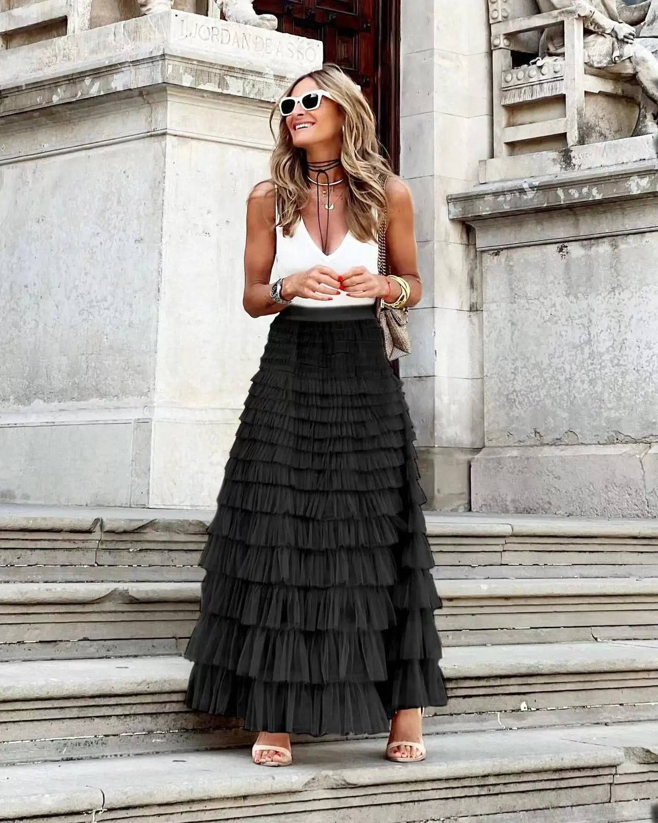 New Casual Womens Solid Ball Gown Long Skirt Tulle High Waist Pleated Elegant Ladies Wild Mesh Dating Maxi Skirts Drop Black LYQ258