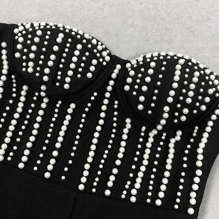 Celebrity Women Luxury Sexy Strapless Pearl Black Bodycon Bandage Jumpsuit 2025 Celebrity Designer High Street Rompers