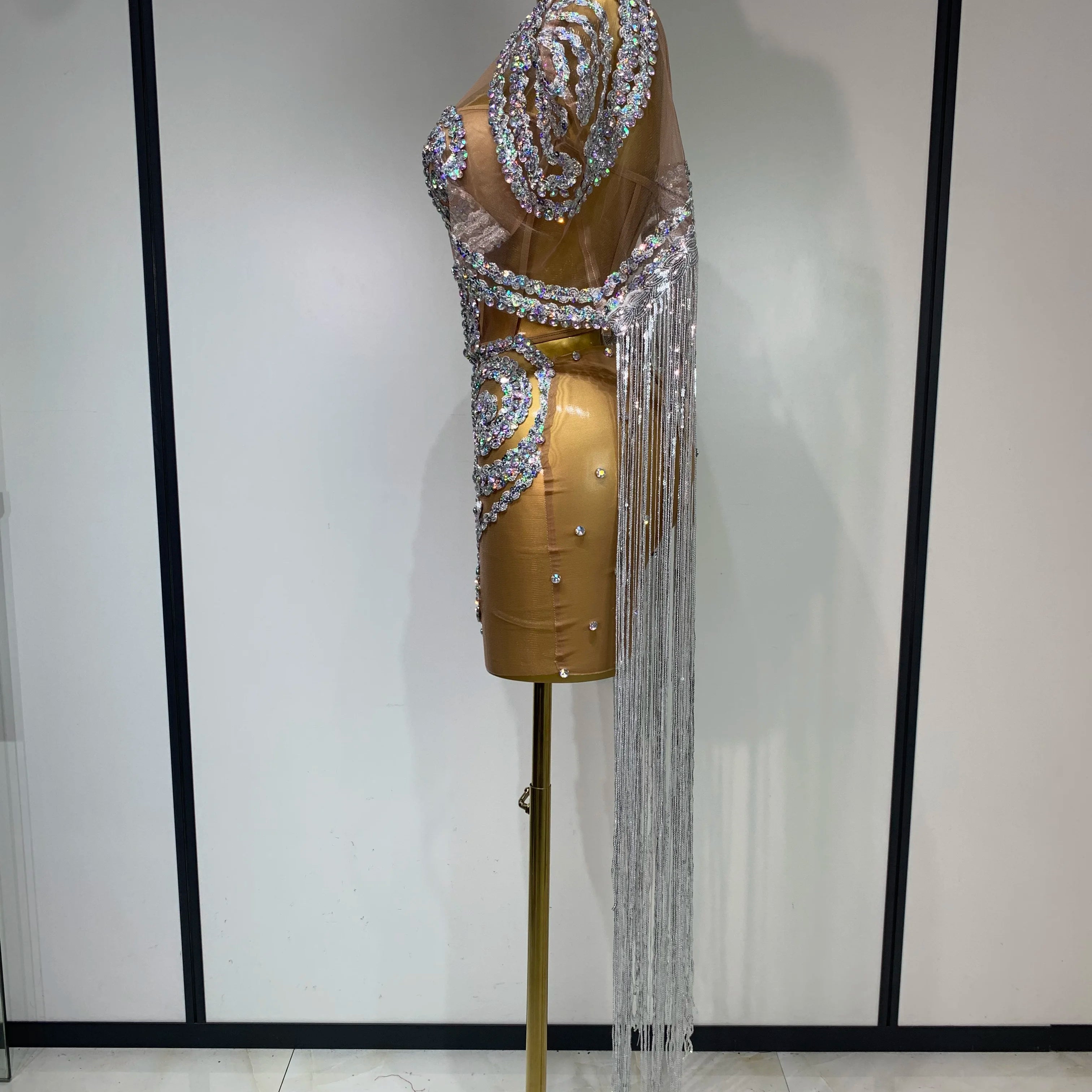 Sparkly Rhinestones Tassel Sexy Mesh Transparent Short Dress Women Evening Party Luxury Birthday Nightclub Singer Stage Costume