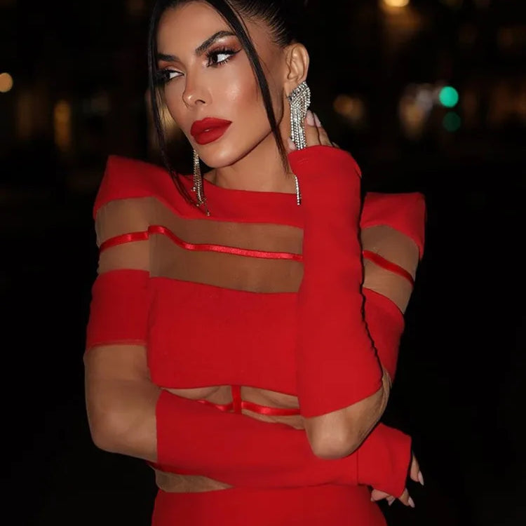 Autumn Sexy Long Sleeve Black Red White Ankle Length Mesh Women Celebrity Dress 2024 Elegant Party Evening Club Vestido