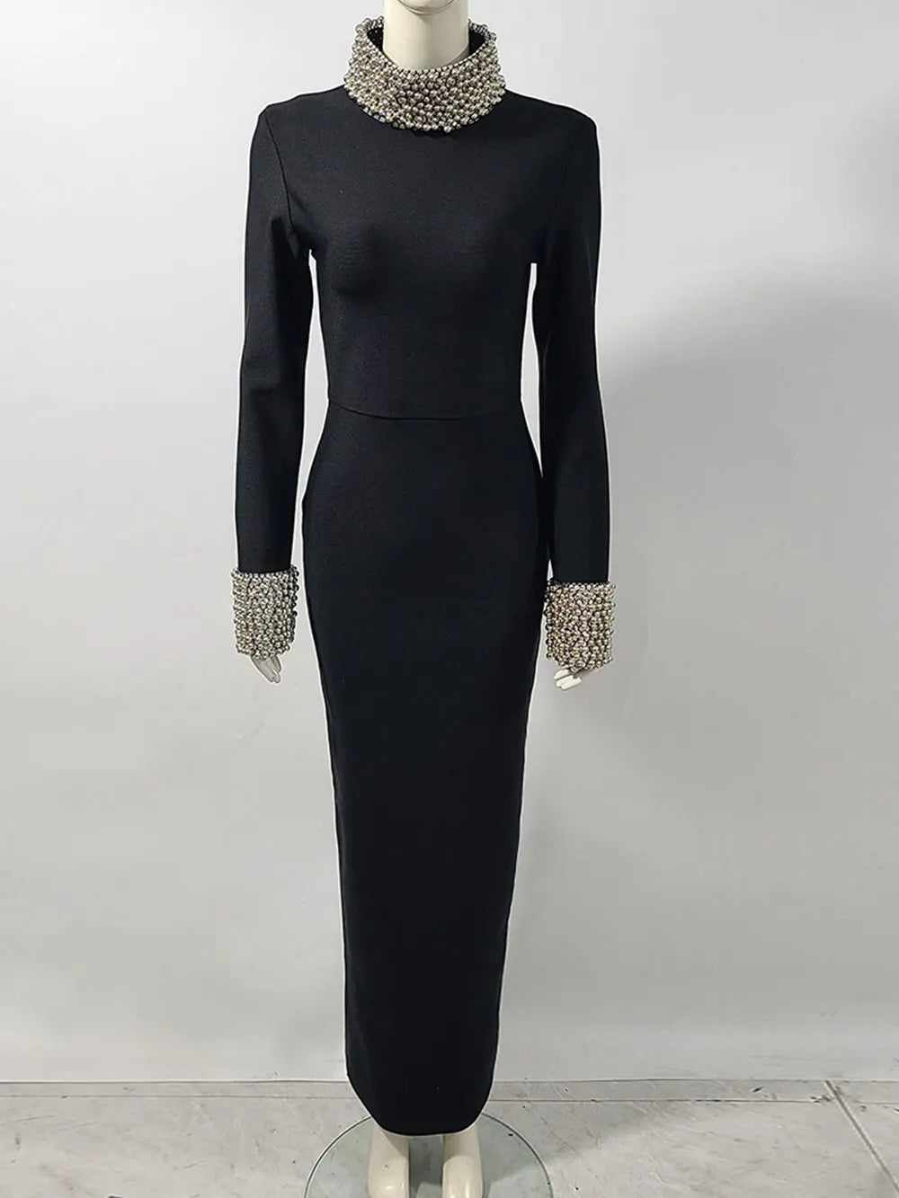 2025 Elegant Women Light Luxury Nail Bead Design Bandage Dress High Collar Long Sleeve Bodycon Long Dress Evening Party Vestidos