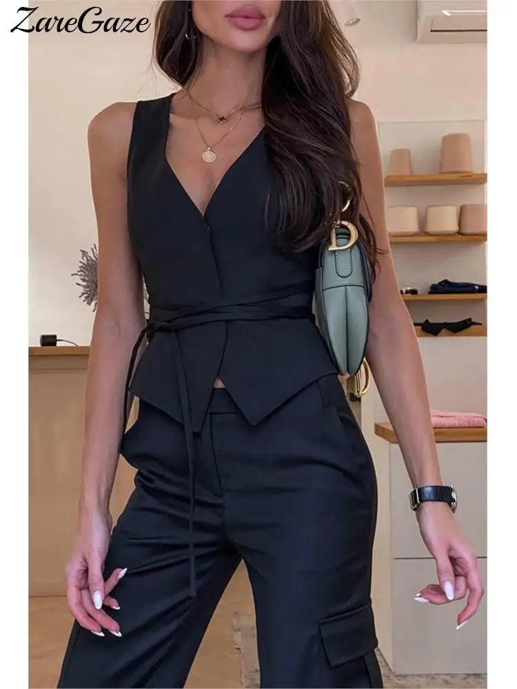 Elegant Chic Lace-up V-neck Women Vest Solid Slim Sleeveless Tops Female Spring Summer Fashion Sexy Lady Streetwear