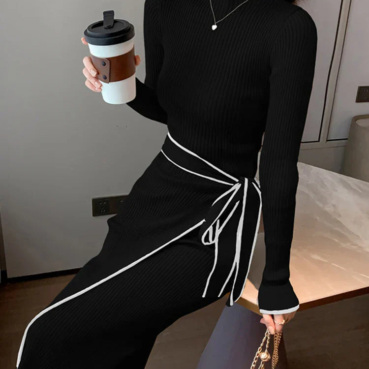 Women Knitted Dress New Autumn Winter Slim Lace-Up Long Sleeve Bottoming Sweater Skirt Elegant Fashion Office Female Vestidos black