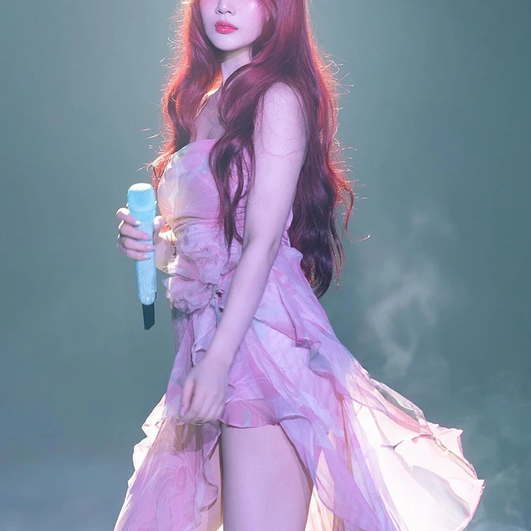 Floral-Print Ruffled Long Dress Pink Color Cowl Neck Spaghetti Straps Pleated Hem Strapless Maxi Cocktail Party Evening Gowns