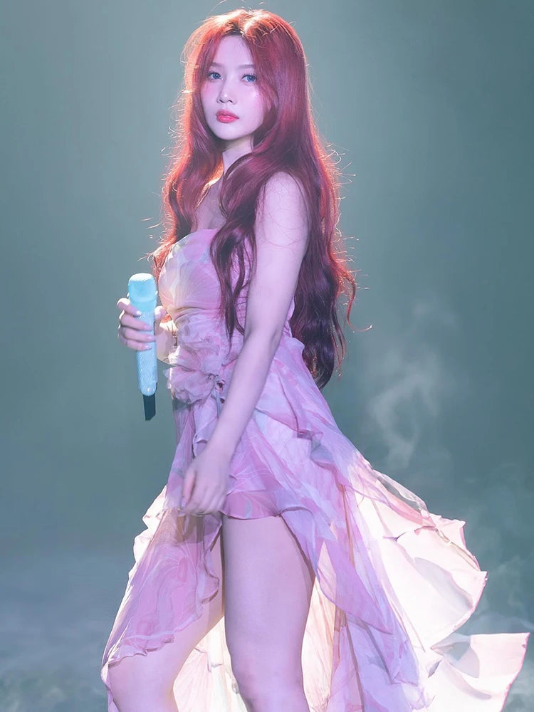 Floral-Print Ruffled Long Dress Pink Color Cowl Neck Spaghetti Straps Pleated Hem Strapless Maxi Cocktail Party Evening Gowns