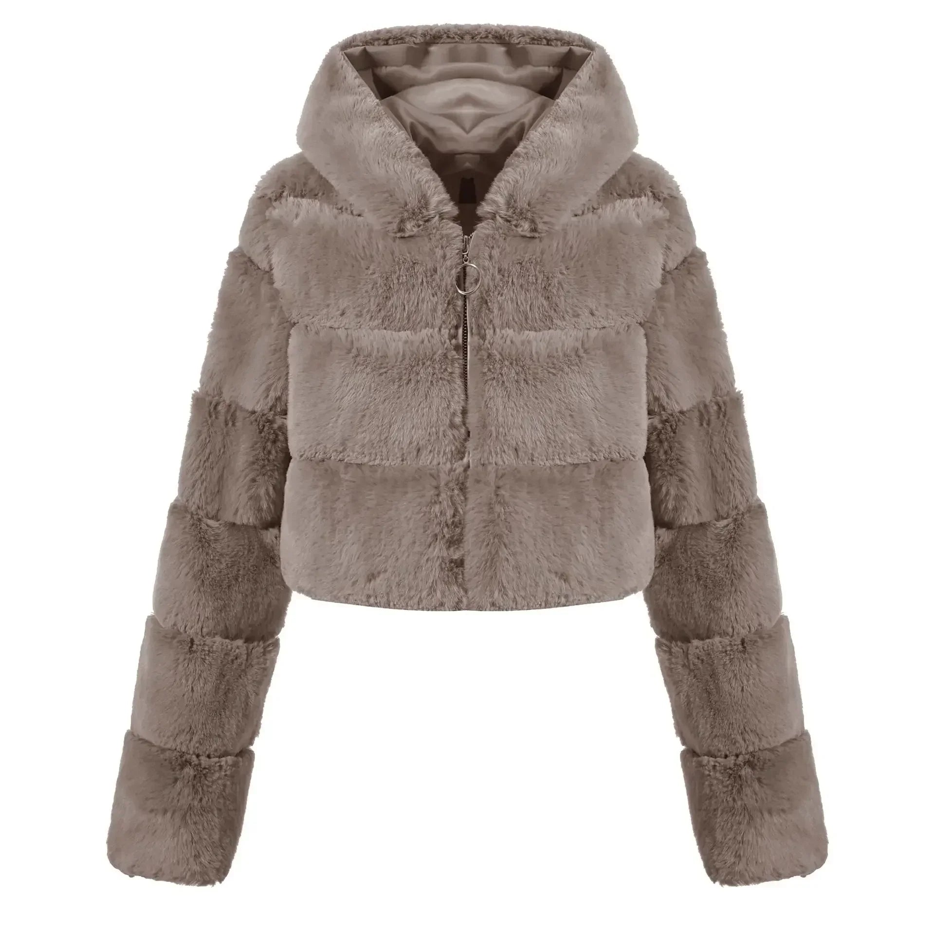 Winter Hooded Fluffy Jacket Women Faux Fur Coat Cropped Jacket Puffer Jacket Zip Up Winter Warm Fuzzy Teddy Coats Tops Outwear Khaki