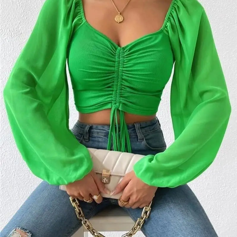 Woman’s Tops Puff Sleeve Sexy Close-Fitting Summer and Spring Lace up V-neck Fashion Solid Color Simple Long Sleeve Hot green