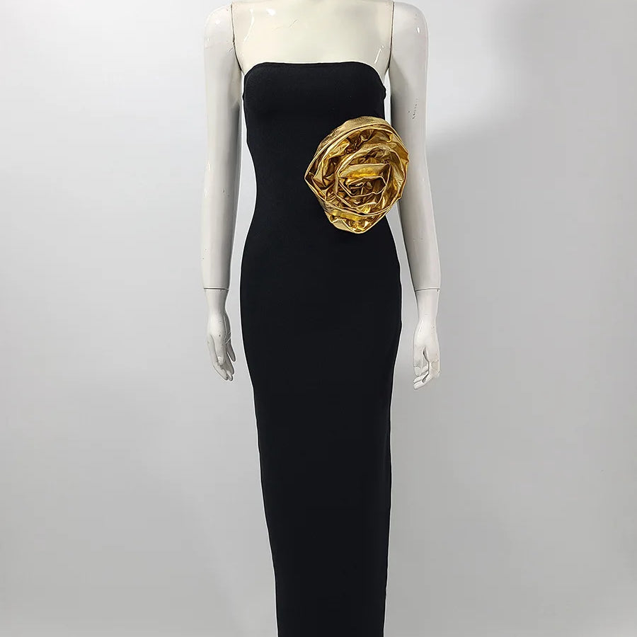 Black Color Women Sexy Strapless Big Gold Florals Bodycon Bandage Long Dress Fashion Elegant Evening Party Cocktail Dress black