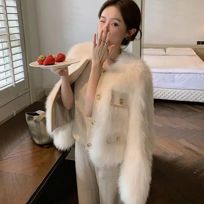 Fashion Faux Fur Jacket Women Fall Winter Warm Thick O-neck Button Solid Outwear Fashion High Street Imitation Fox Fur Lady Coat White