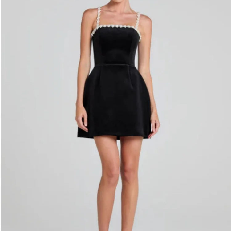 Black Color Women Sexy Strap Square Collar Beading Straight Mini Bandage Dress Elegant Evening Party Red Carpet Outfit